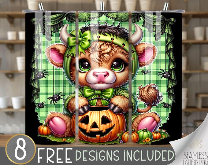 Halloween Highland Cow Tumbler Design, Cute Monster 20Oz Skinny Tumbler Wrap PNG, Cute Highland Cow Tumbler Sublimation Design, Cute Scary