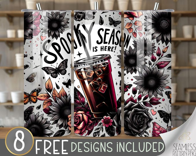 20oz tumbler wrap goth,Spooky Season Is Here 20 oz Straight Tumbler Wrap Sublimation,Sunflower Butterfly Doodles,Trendy Black Goth Cocktail
