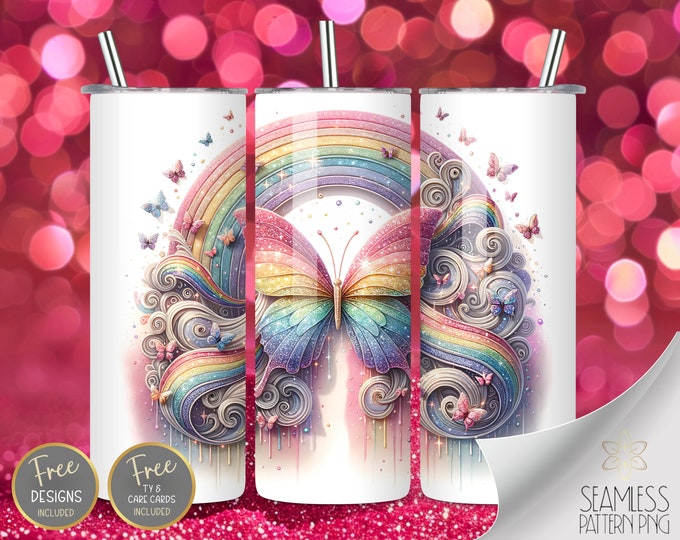 Watercolor Butterfly Rainbow Tumbler Wrap, 20 oz Skinny Sublimation Wrap, Glitter Pastel Wrap, Straight Template, Instant Download PNG