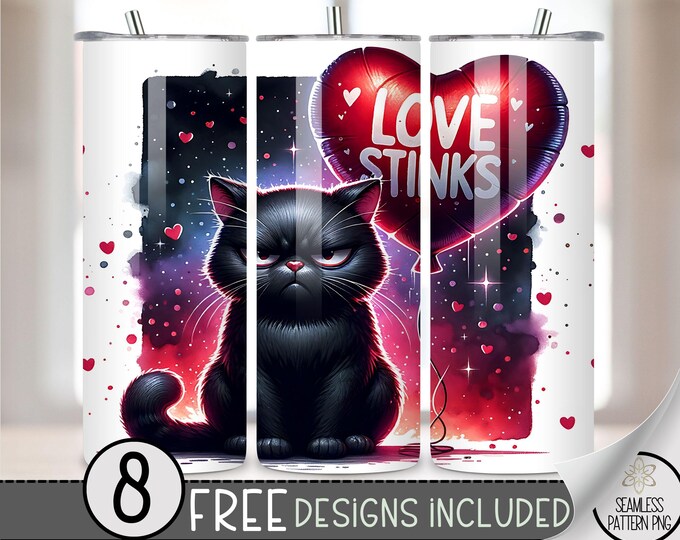 Anti Valentine Tumbler Wrap, Anti Valentine's Day 20oz Skinny Tumbler Sublimation Design,Love Stinks Tumbler File PNG,Grumpy Cat Design File