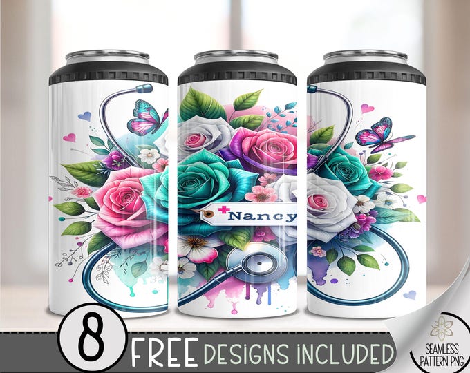 Nurse 4 in 1 Can Cooler Wrap, Personalize Nurse 4in1 Tumbler PNG, RN Graphic 16 Oz Can Cooler Sublimation Design, Floral Nurse PNG, A131