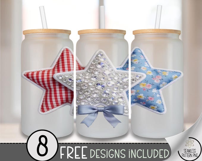 Star Patchwork Glass Can Wrap, Festive 16oz Glass Tumbler Sublimation Design, Shabby Chic PNG File, Digital Download, B10173