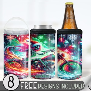 Motorcycle Can Cooler Wrap, Flaming Skull 16 oz 4-in-1 Cooler Sublimation, Biker Design File, Christmas Can Cooler PNG Wrap, Skeleton Santa