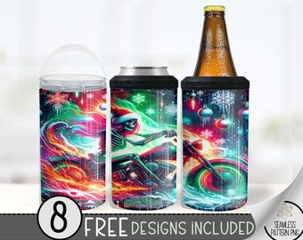 Motorcycle Can Cooler Wrap, Flaming Skull 16 oz 4-in-1 Cooler Sublimation, Biker Design File, Christmas Can Cooler PNG Wrap, Skeleton Santa