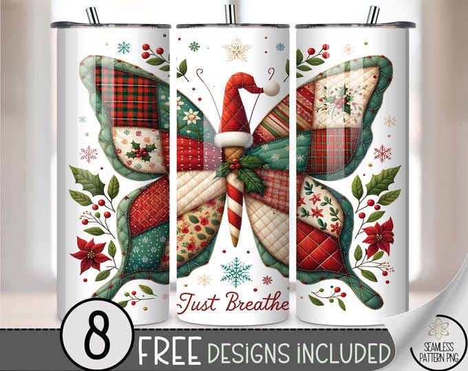 Festive 20 oz tumbler wrap: Christmas Butterfly Digital Download Sublimation Design for Skinny Tumblers, Patchwork PNG Files A489