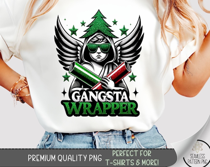 Gangsta Wrapper Funny Christmas T-Shirt PNG, Hip Hop Holiday Graphic Tee with Cool Angel and Gift Wrap, Festive Party Shirt, A382