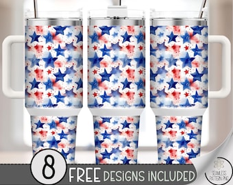 Red White Blue Stars 40 oz Tumbler Wrap PNG, Watercolor Splatter Patriotic Sublimation, USA Fourth of July Independence Day Design, A298