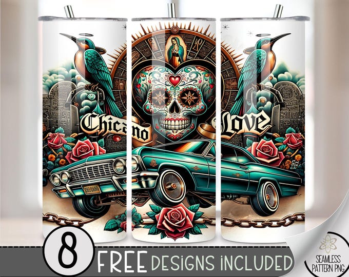 LA Chicano Cholo 20oz Tumbler Wrap, Chicano Style Lowrider Sublimation Design PNG,LA Sugar Skull 20Oz Skinny Tumbler File, Chicano Love Art