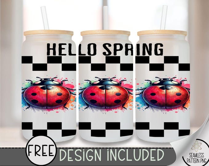 Spring Lady Bug Glass Wrap, Checkered 16 Oz Glass Can Wrap PNG, Hello Spring Glass Can Sublimation Design, Ladybug Libbey Glass PNG, A169
