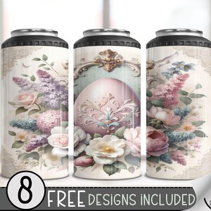 May include: Set of three stainless steel tumblers with a floral design featuring pastel pink, purple, and white flowers, a decorative egg, and ornate details. The tumblers are 20 ounces each and have a white background.