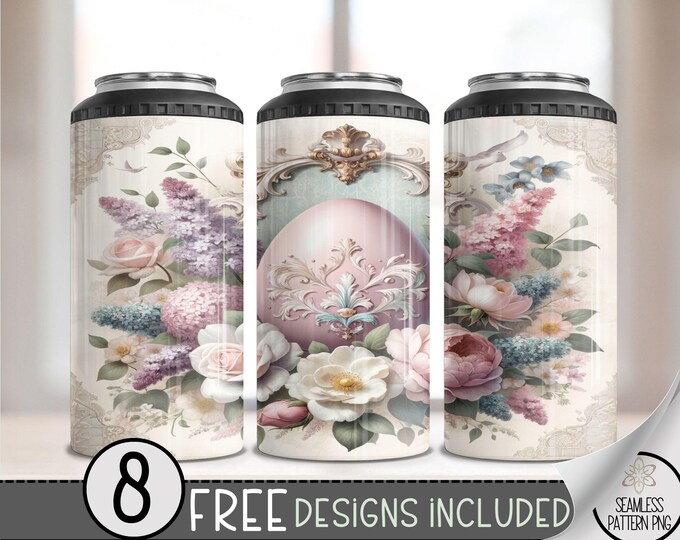 Shabby Chic Easter 4 in 1 Can Cooler Wrap, Easter Egg 4in1 Tumbler PNG, Floral 16 Oz Can Cooler Sublimation Design, Rococo Grand Millennial