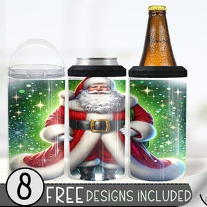 Seamless Christmas Can Cooler Wrap, Xmas 16 oz 4-in-1 Cooler Sublimation, Santa Claus 16Oz Tumbler File, Digital Holiday Design File PNG