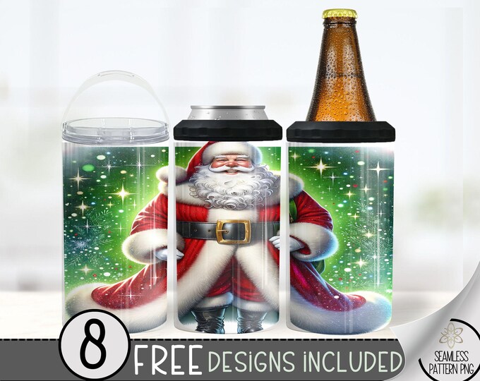 Seamless Christmas Can Cooler Wrap, Xmas 16 oz 4-in-1 Cooler Sublimation, Santa Claus 16Oz Tumbler File, Digital Holiday Design File PNG
