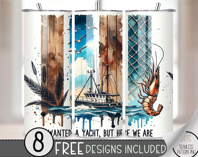 Shrimp Boat Tumbler Wrap, 20oz Straight Sublimation Tumbler Design, Funny Shrimp Boat Sublimation Watercolor Prawn Tumbler PNG, A164
