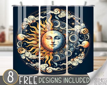 Envoltura para vaso Sol y Luna, diseño de sublimación para vaso delgado Sol y Luna Boho de 20 oz, envoltura celestial PNG, archivo PNG descarga instantánea