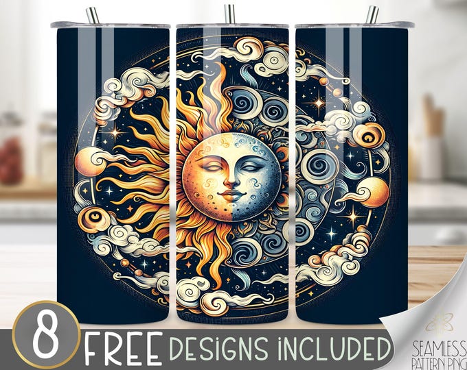 Sun And Moon Tumbler Wrap, Sun And Moon Boho 20 Oz Skinny Tumbler Sublimation Design, Celestial Png Tumbler Wrap, Png File Instant Download