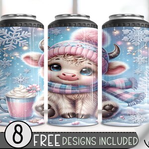 Seamless Highland Cow 4 in 1 Can Cooler Wrap, Winter Can Holder Wrap, Christmas  16Oz Can Cooler, Pastel Holiday 4In1 Cooler Tumbler PNG
