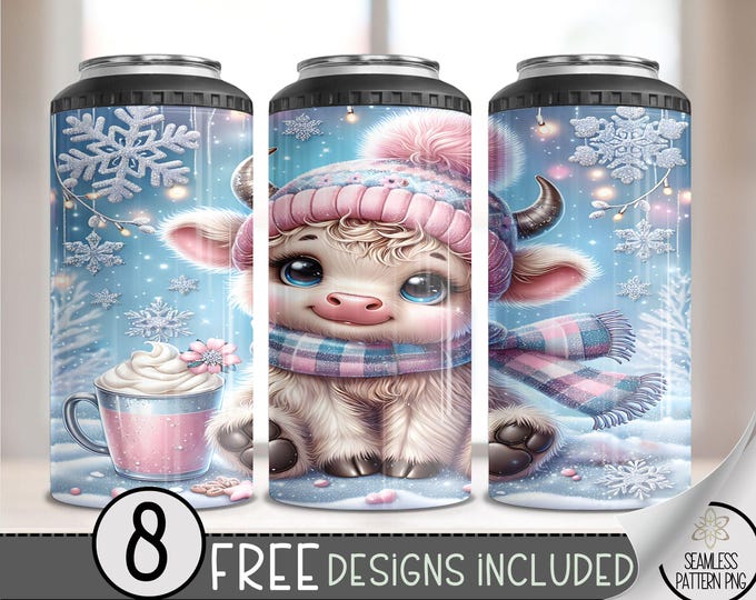 Seamless Highland Cow 4 in 1 Can Cooler Wrap, Winter Can Holder Wrap, Christmas  16Oz Can Cooler, Pastel Holiday 4In1 Cooler Tumbler PNG