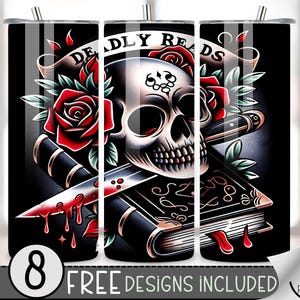 Gotycka książka romantyczna Morally Grey Tumbler Wrap, Skull Rose 20oz Skinny Tumbler Sublimacja Design, Deadly Reads Book Tumbler Wrap