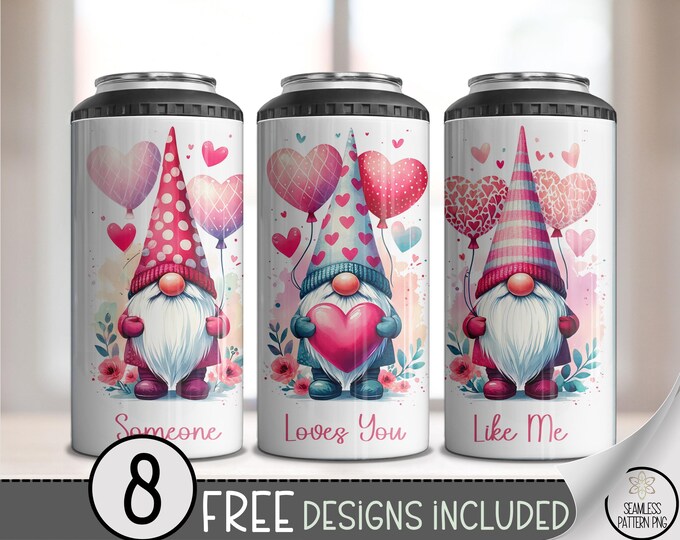 Cute Valentine 4in1 Can Cooler Wrap, Playful Sublimation Design, Festive 16 oz 4-in-1 File with Gnome and Heart, A714