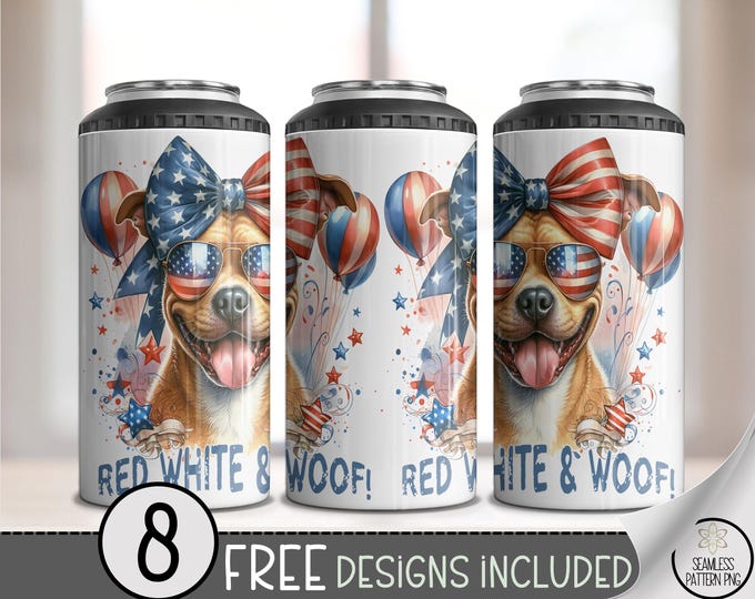Patriotic Dog 4-in-1 Can Cooler Wrap PNG, Red White Woof 16 oz Sublimation,USA American Flag Pitbull Tumbler PNG, Dog Lover Drink Wrap, A297