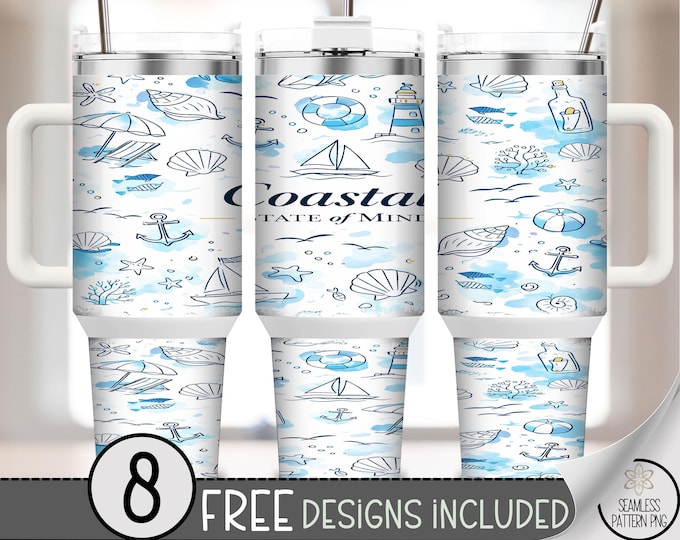 Coastal 40 oz Tumbler Wrap, Nautical Pattern Sublimation Design, Beach PNG Files, Sea Life 40oz Tumbler Design, Digital Download, B10207