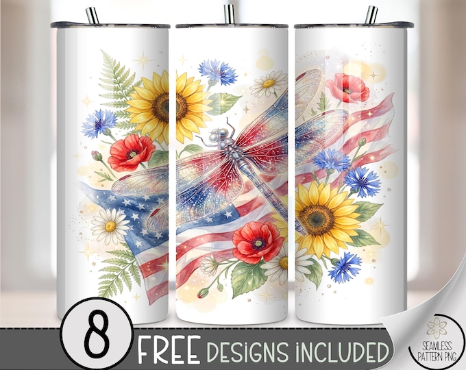 Dragonfly 20 oz Tumbler Wrap, Patriotic Sublimation Design for Straight Tumblers, Cheerful PNG Files, Floral Farmhouse Botanical Art B10115