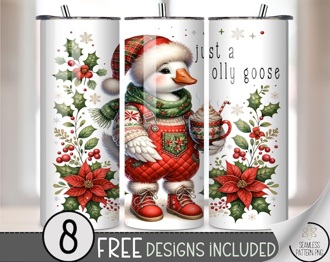 Festive 20 oz Tumbler Wrap: Christmas Goose Sublimation Design, Cheerful Holiday Art, Cute Santa Hat PNG for Skinny Tumblers A505