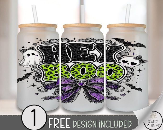 Hey Boo Glass Can Wrap, Neon Leopard 16 oz Glass Tumbler Sublimation Design, Halloween PNG File, B10245