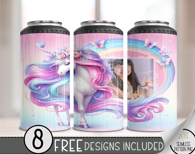 Unicorn Can Cooler Wrap, Rainbow Fantasy 16 oz 4-in-1 Cooler Sublimation, Add Your Own Photo Tumbler Wrap Design, You Personalize, A100