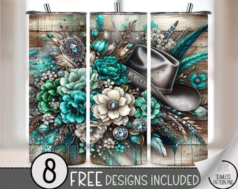 Country Cowgirl Hat 20 oz Tumbler Wrap, Glittery 20oz Skinny Tumbler Sublimation Design, Cowboy Hat Tumbler Wrap PNG,Floral Western Hat A201