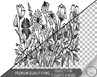 Wildflower Sublimation Design, Bouquet UV DTF Graphic, Floral Clip Art, Cottagecore Botanical Print, Rustic Vintage Inked Digital B10129