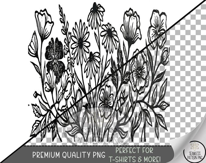 Wildflower Sublimation Design, Bouquet UV DTF Graphic, Floral Clip Art, Cottagecore Botanical Print, Rustic Vintage Inked Digital B10129