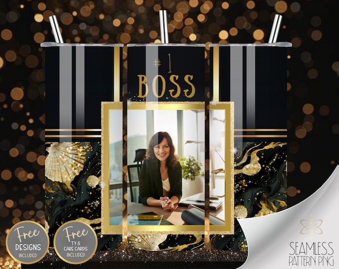 Add Your Own Photo Boss Tumbler Wrap Design, Black & Gold Sublimation Designs, 20 oz Skinny Tumbler wrap, Glittery Golden #1 Boss Image Wrap