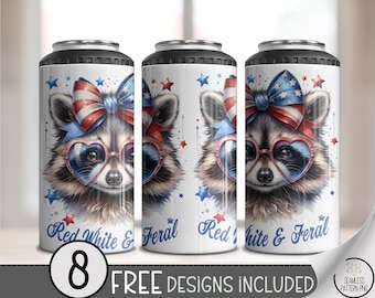 Red White & Feral 4-in-1 Can Cooler Wrap PNG, Funny Patriotic Raccoon in Flag Bow and Glasses, USA Sublimation July 4 Animal Design, A296