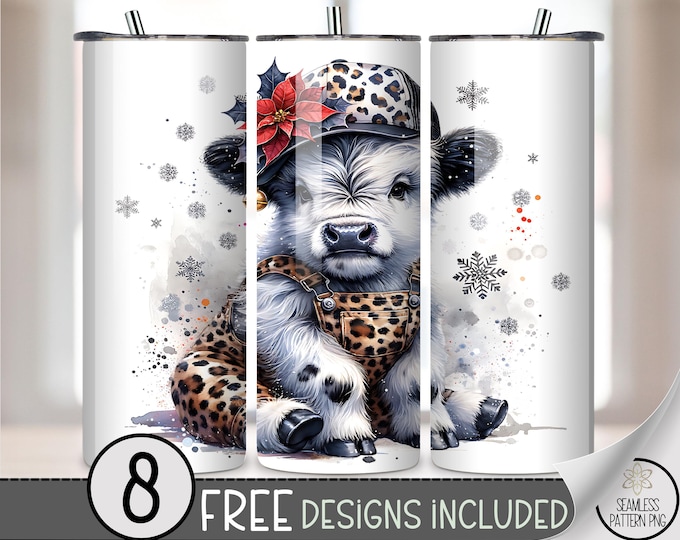 Christmas Highland Cow 20 oz tumbler wrap: Trucker Hat Sublimation Design for Skinny Tumblers, Cute Holiday PNG Files A564