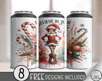 Festive 4in1 Can Cooler Wrap, Cheerful Christmas Elf Sublimation Design, Playful Holiday Printable, Candy Cane and Ornaments Art A532