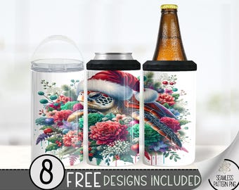 Cute Xmas Sea Turtle 4in1 Can Cooler Design, Tropical Sublimation Design, Christmas 4 In 1 Can Cooler, Floral 16 oz Can Holder Design Wrap