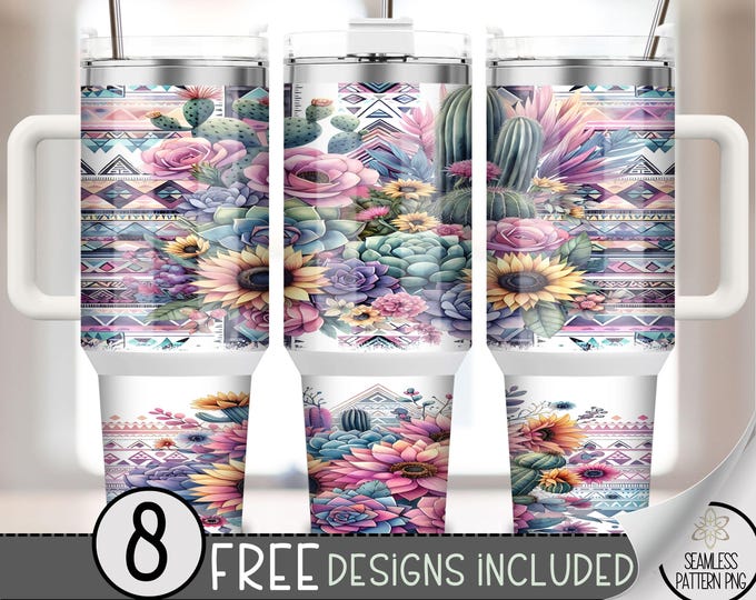 Boho Sunflower Succulent 40oz Tumbler Wrap, Aztec Floral Tumbler Sublimation Design, Cactus 40oz Quencher Tumbler Wrap PNG,Boho Style, A116