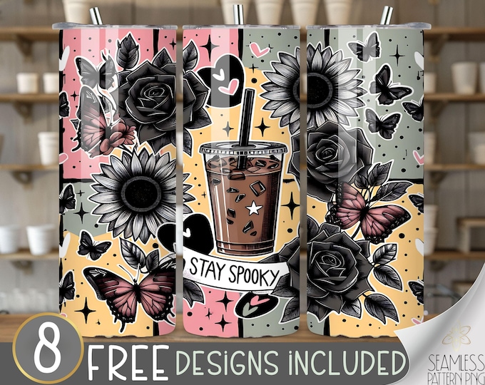 Goth and flowers 20oz tumbler png,Stay Spooky 20 oz Straight Tumbler Wrap Sublimation,Gothic Moth Design File,Trendy Black Goth Cocktail PNG