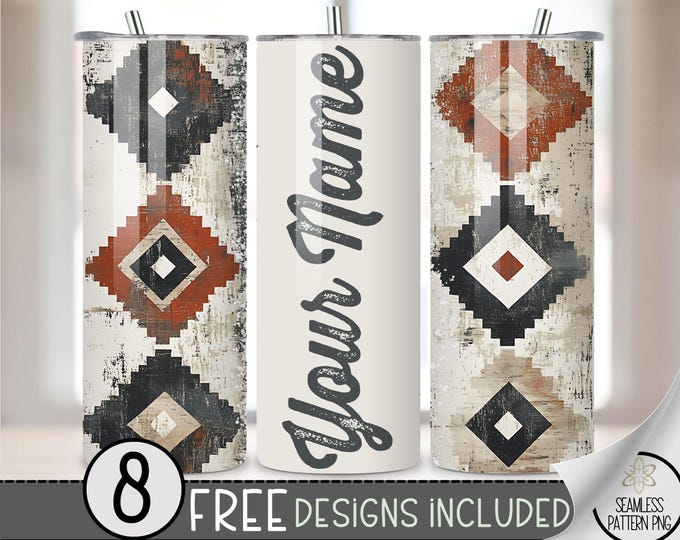 Add Your Own Name Faded Southwestern Tumbler Wrap, 20 oz Aged Western Tumbler File, Digital Aztec Tumbler Wrap Design Download, Boho Cowgirl
