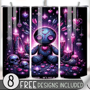 May include: A sublimation design featuring a voodoo doll with a pink heart, surrounded by candles, hearts, and stars on a dark purple background. The text "He's called... He's out of his mind" is at the bottom of the design.