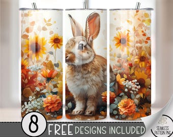 Cute Rabbit Tumbler Wrap, Flowers 20oz Skinny Tumbler Sublimation Design, Sunny Floral Tumbler Wrap File, Rustic Digital Download PNG