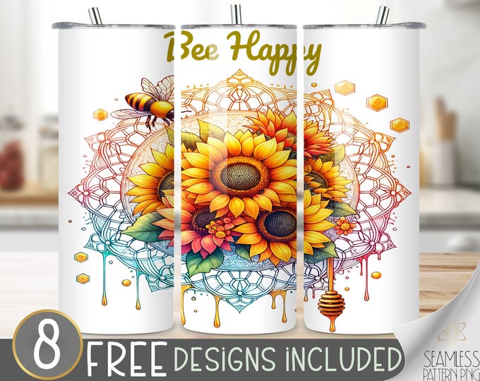 Bee Happy Tumbler Wrap, Affirmation PNG, Bee Themed 20 oz Straight Tumbler Sublimation Design, Inspirational Tumbler png, Be Happy Mandala