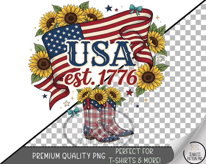 Patriotic Cowgirl Boots PNG, USA 1776 Sublimation Design, Sunflower Flag UV Dtf Graphic, Americana Clip Art, Digital Clipart B10149