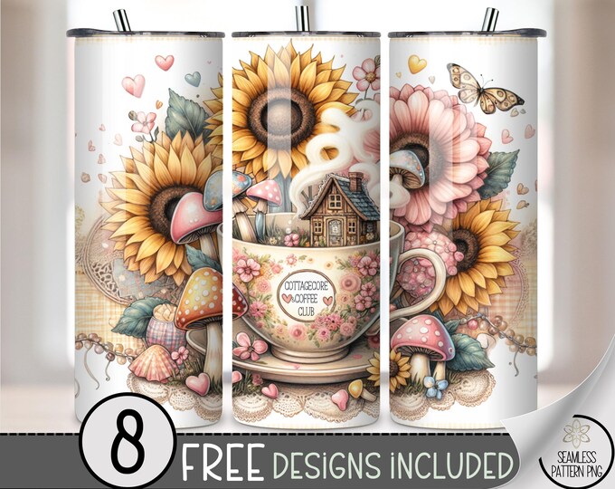 Cottagecore Floral 20 oz Tumbler Wrap, Sunflower and Mushroom 20oz Printable Design, Whimsical Nature Sublimation Design PNG, A454