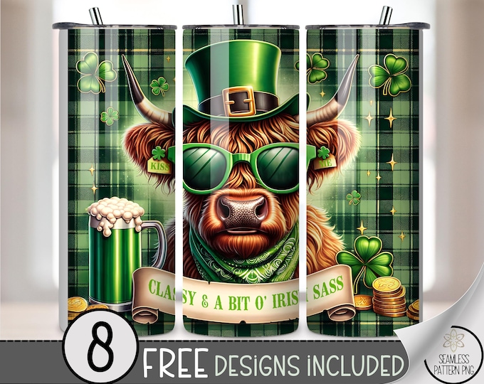 Lucky Highland Cow 20 oz Tumbler Wrap PNG, St. Patricks Day Sublimation Design for Skinny Tumbler, Digital Download, A710