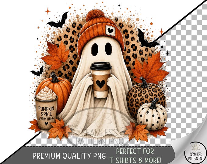 Halloween Sublimation Design, Cute Ghost Coffee Graphic, Spooky Autumn Clip Art, Digital Download, B10519