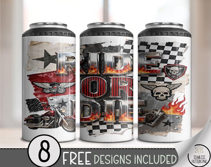 Ride Or Die Skull PNG, Biker 4-in-1 Can Cooler Wrap, Grunge 16 Oz Design, Edgy Racing Style Graphic B835