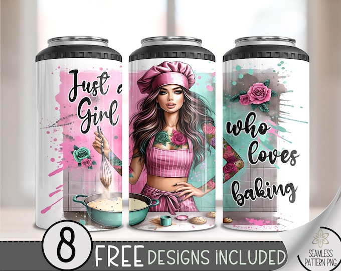 Just A Girl Who Loves Baking 4in1 Can Cooler Wrap, Cookie 16oz Stubby Can Design, Baker 4 in 1 Tumbler Png, Dessert Hard Can Wrap, A35